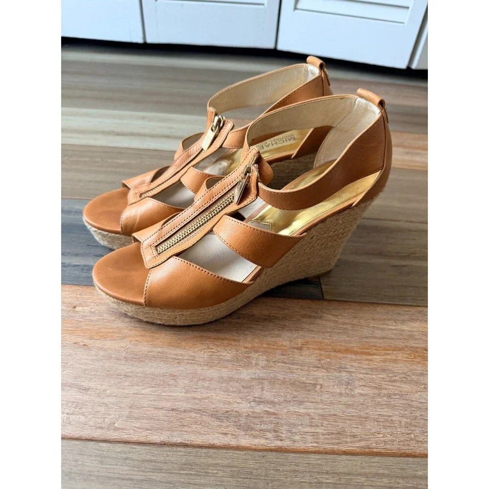 Michael Kors Damita Leather Espadrille Wedge Sandals Classic 9 М